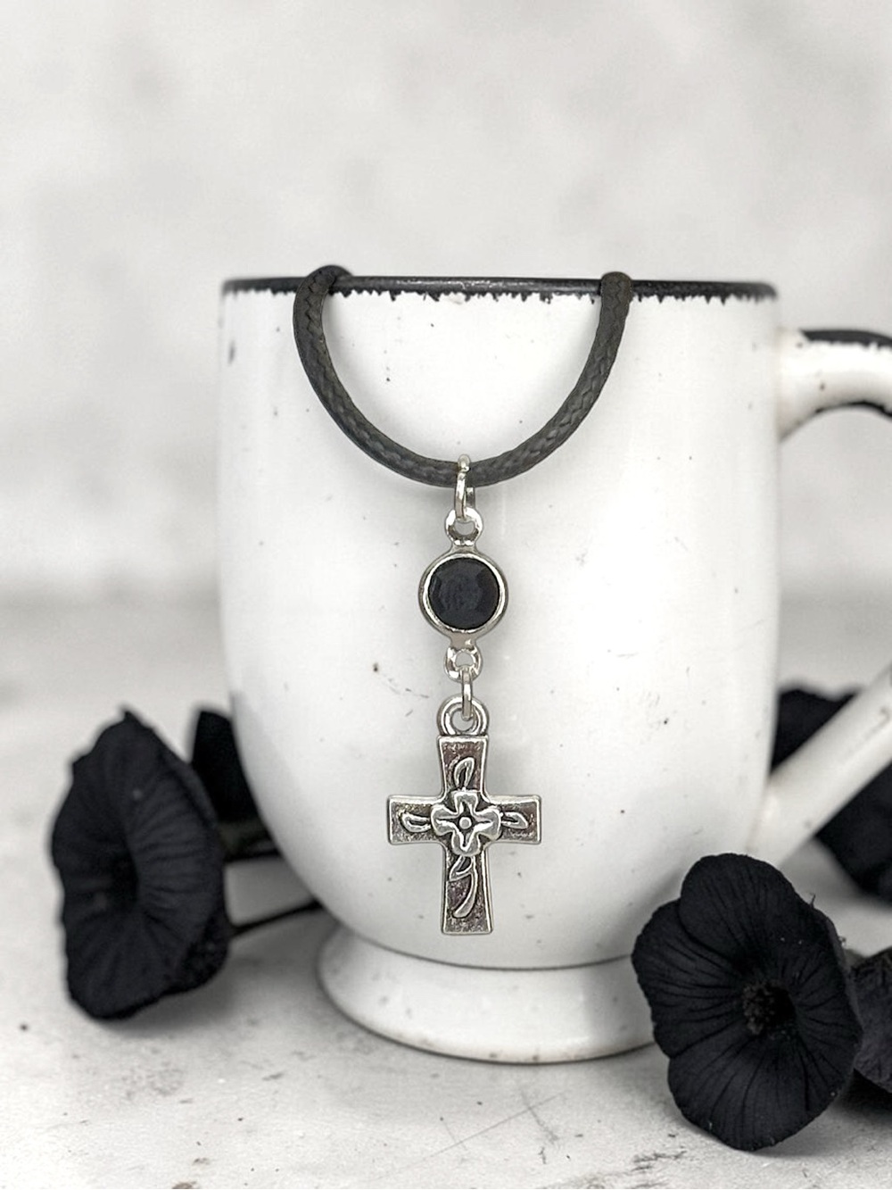 5 For $25💫Silver Rose Cross Necklace Pendant With Black Gem Accent